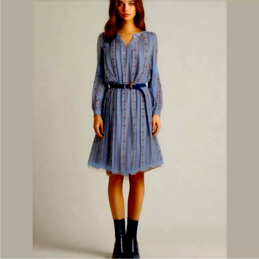 Orange Creek Blue Floral Lace Trimmed Long Sleeve Peasant Prairie Dress Size L